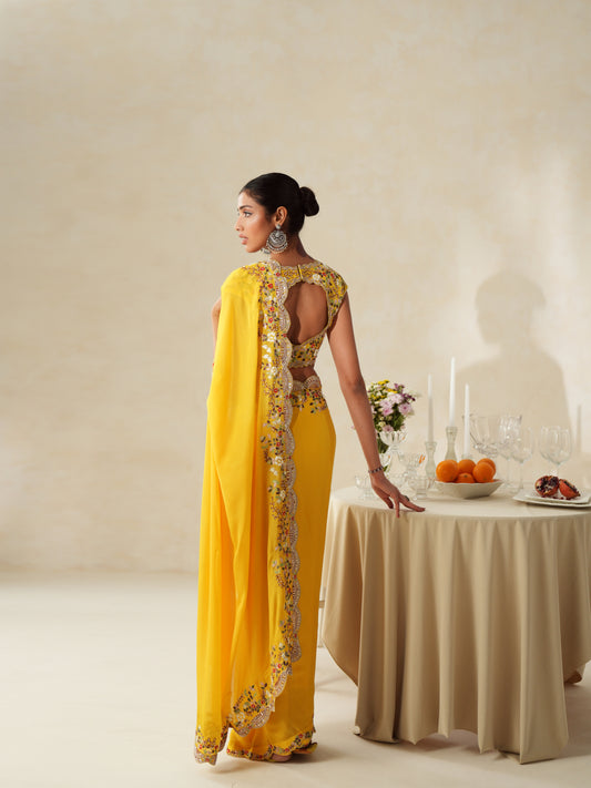 Yellow Chiffon Embroidery Saree Set