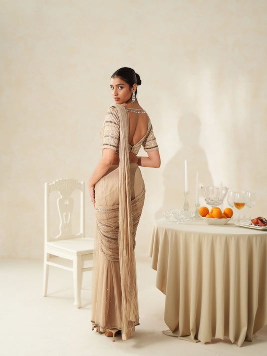 Beige Crepe Embellished Pre-stitched Saree Set