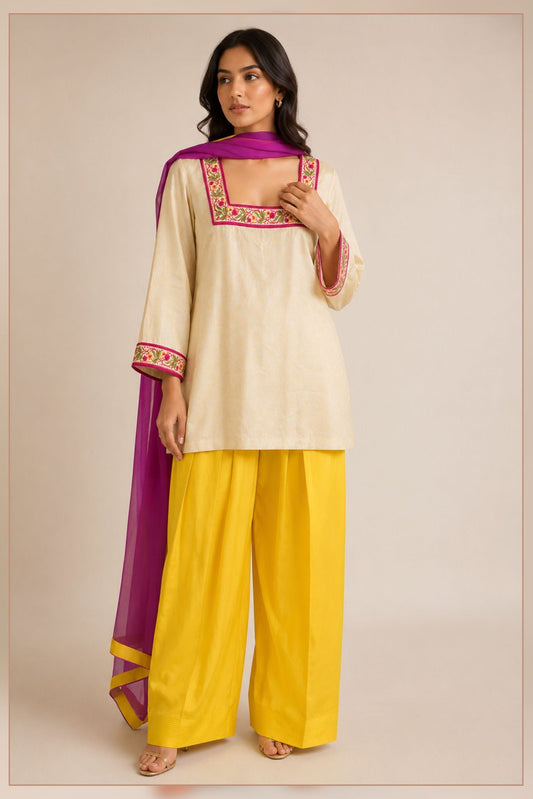 Yellow Printed Crepe Farshi Salwar Suit Set