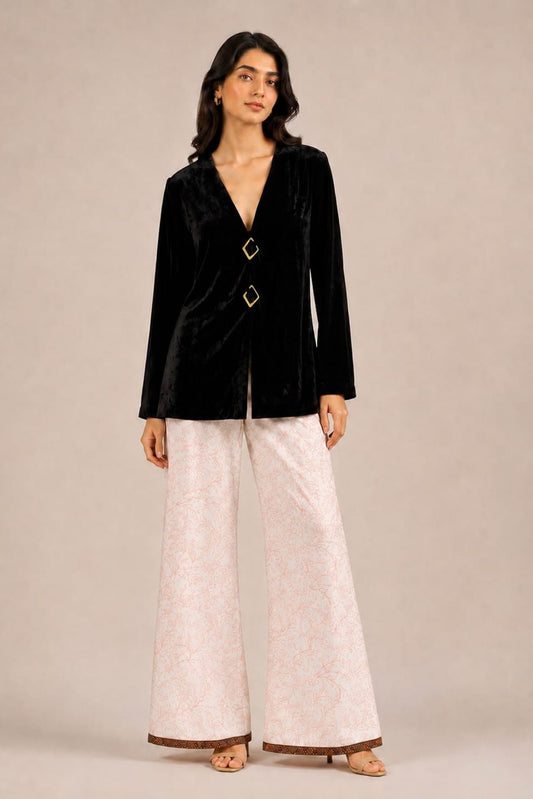 Black Velvet Jacket & Printed Crepe Pant Set