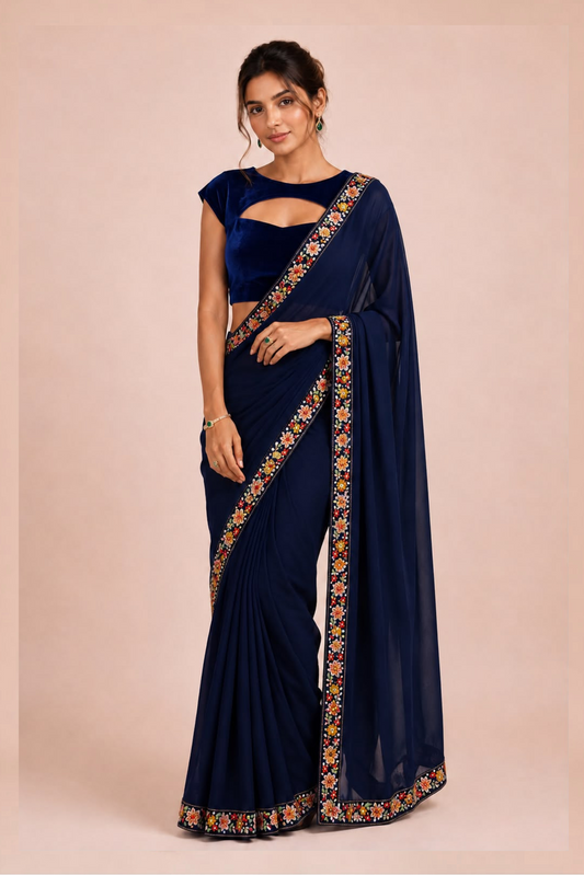 Midnight Blue Georgette Saree with Embroidered Border