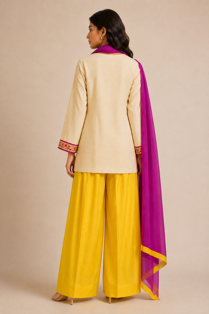 Yellow Printed Crepe Farshi Salwar Suit Set