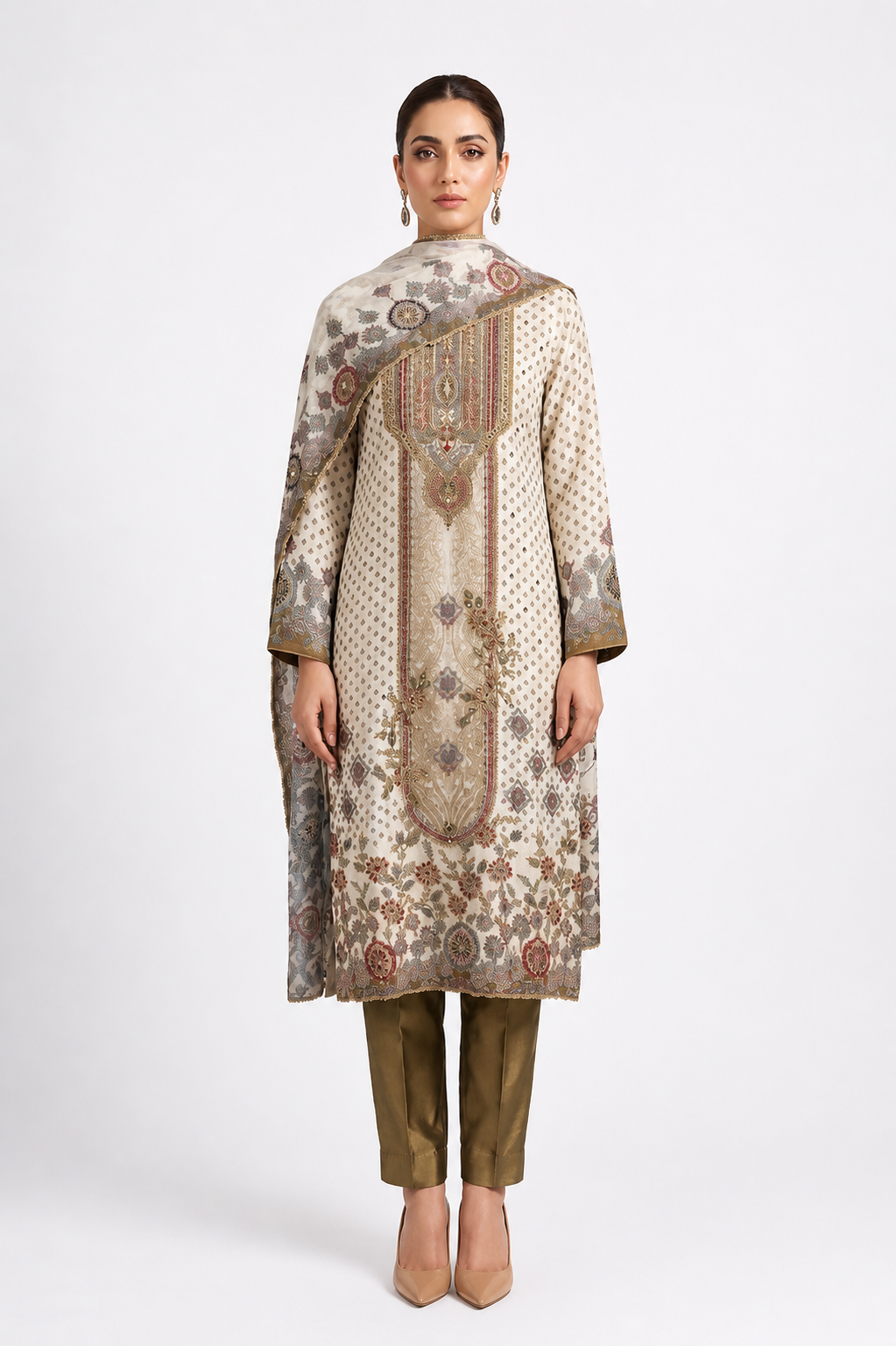 White Printed Crepe Embroidered Suit Set