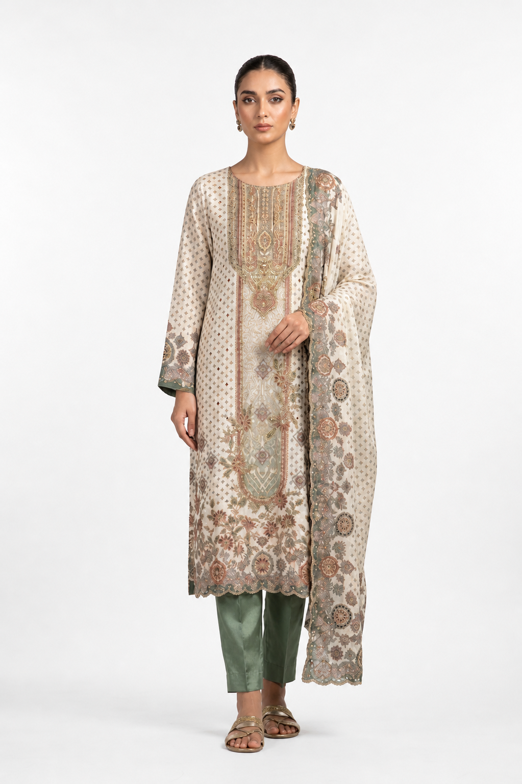 White Printed Crepe Embroidered Suit Set