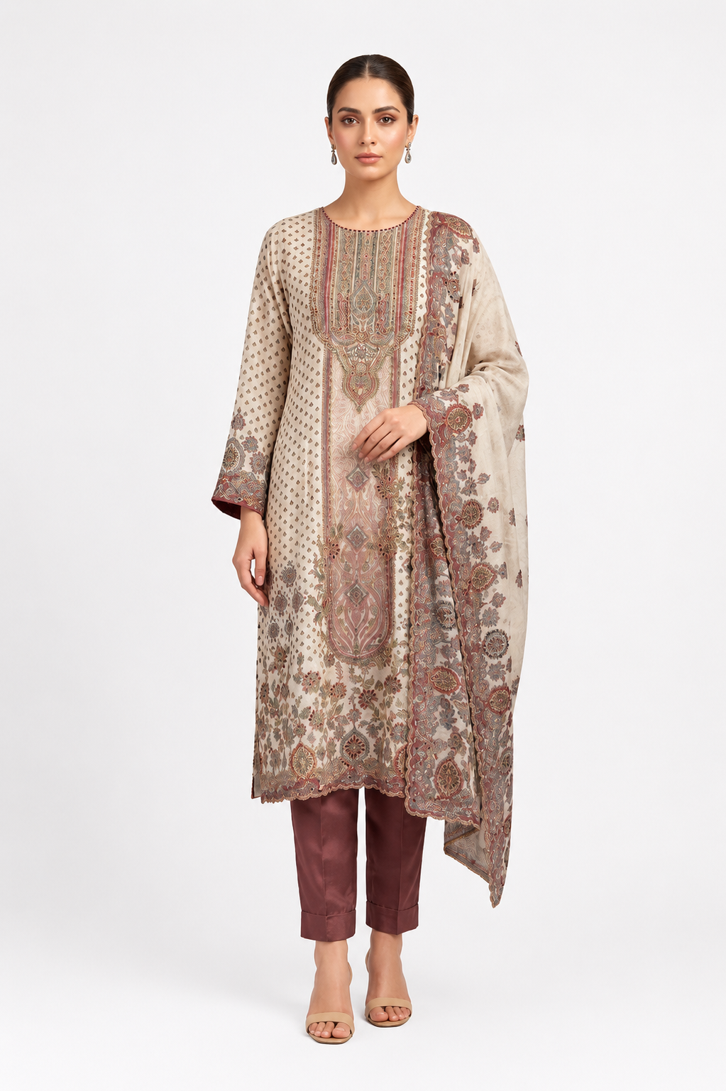 White Printed Crepe Embroidered Suit Set