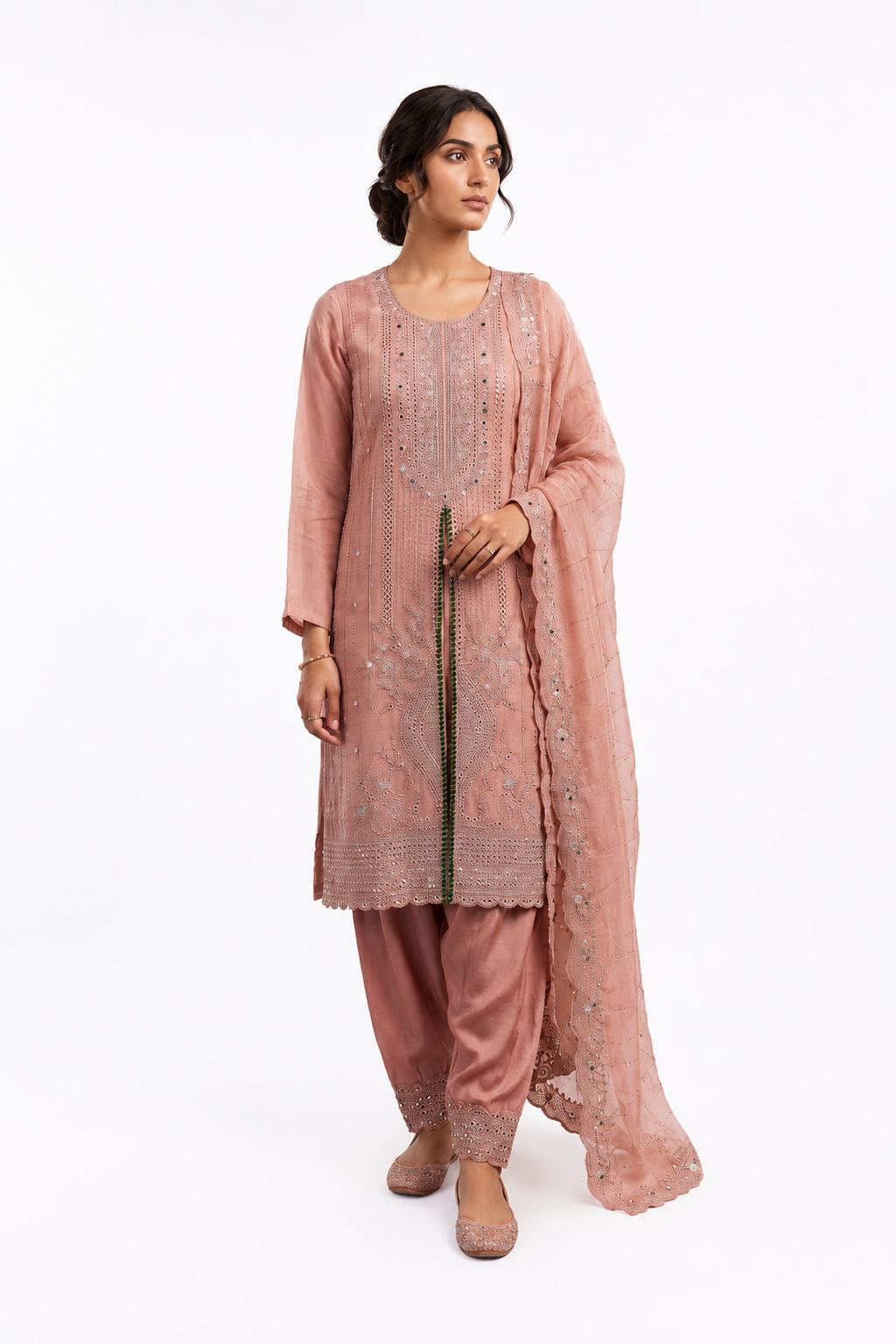 Peach Tissue-Organza Embroidered Suit Set with Swarovski Crystal & Stone Handwork
