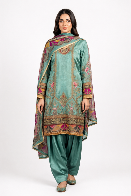 Teal Crepe Printed & Embroidered Suit Set
