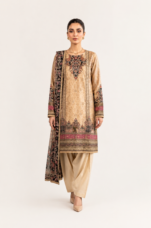 Beige Crepe Printed & Embroidery Farsi Salwar Suit Set