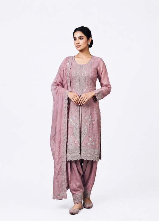 Purple Tissue-Organza Embroidered Suit Set with Swarovski Crystal & Stone Handwork