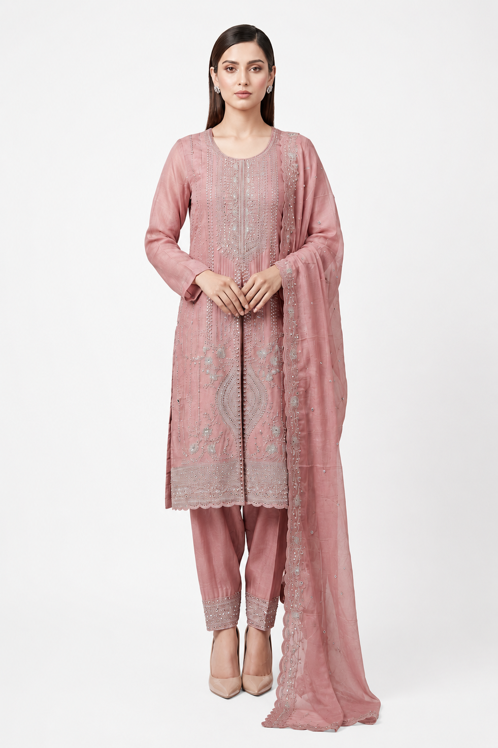 Pink Tissue- Organza Embroidered Suit Set with Swarovski Crystal & Stone Handwork