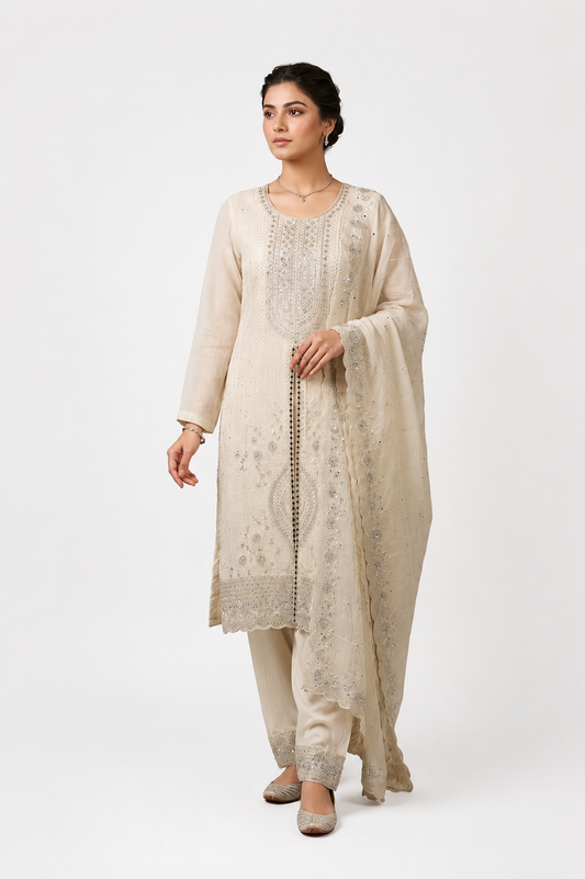 White Tissue-Organza Embroidered Suit Set with Swarovski Crystal & Stone Handwork