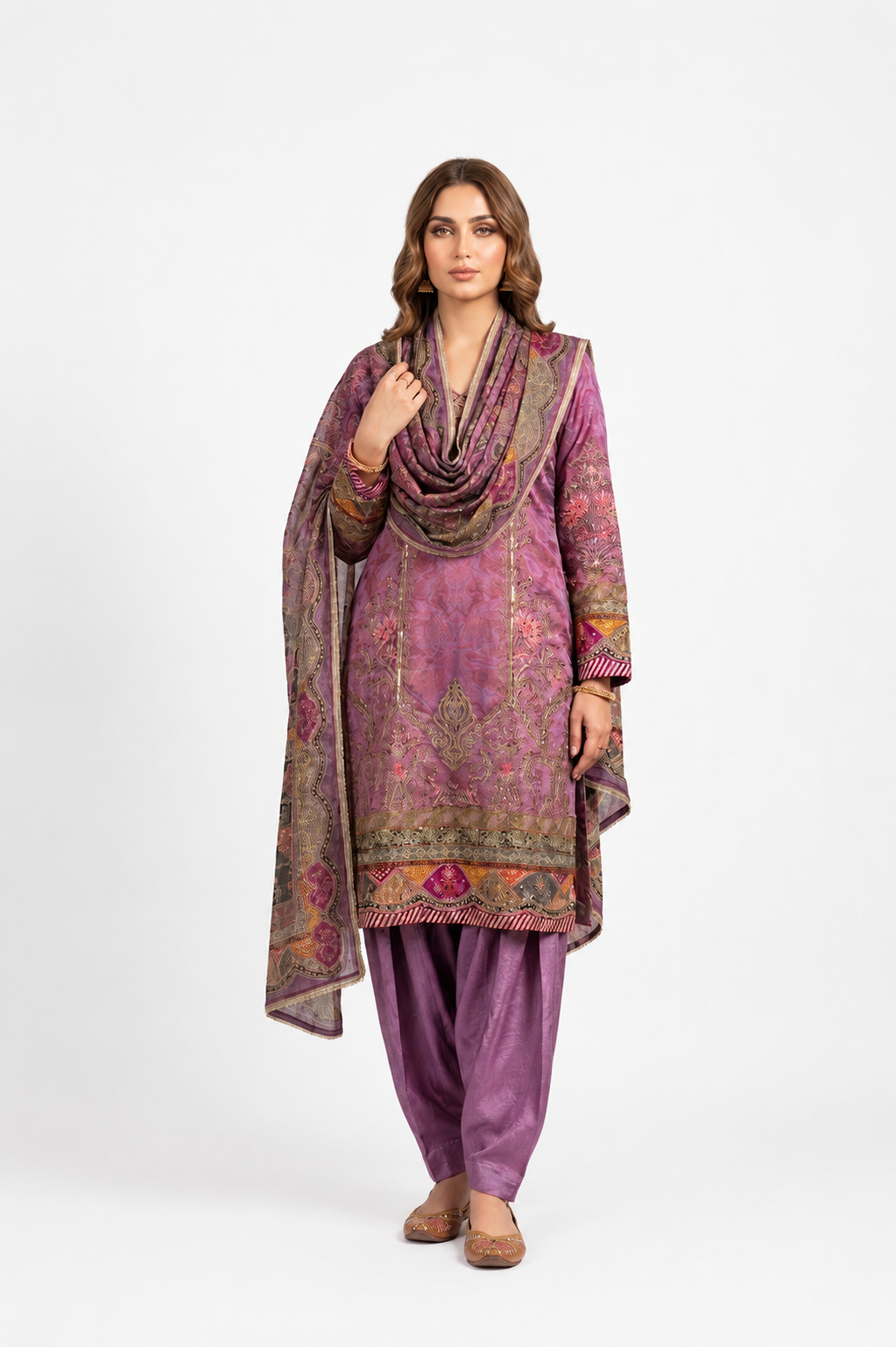 Purple Crepe Printed & Embroidered Suit Set