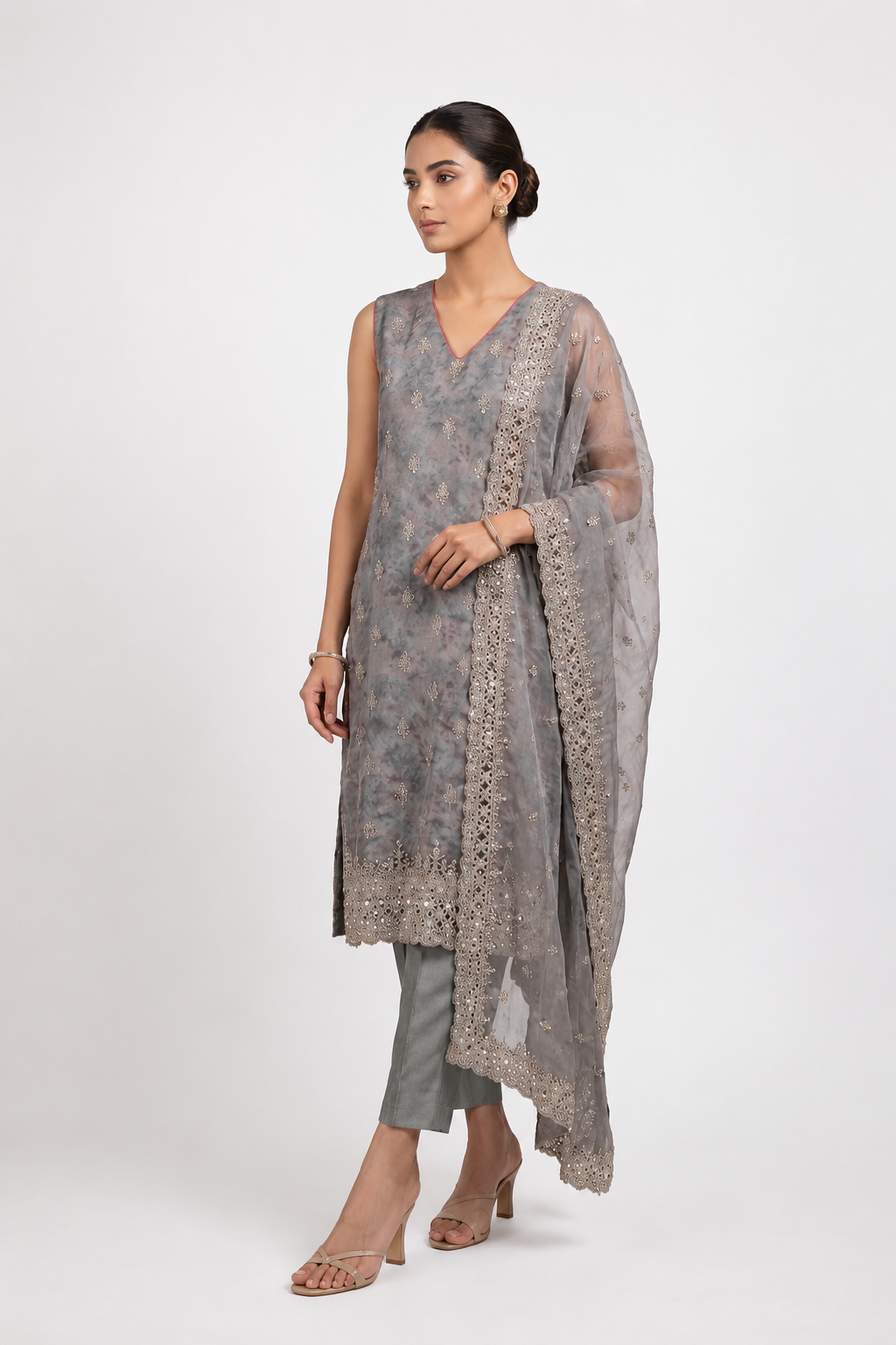 Grey Organza Embroidered Suit Set with Swarovski Handwork