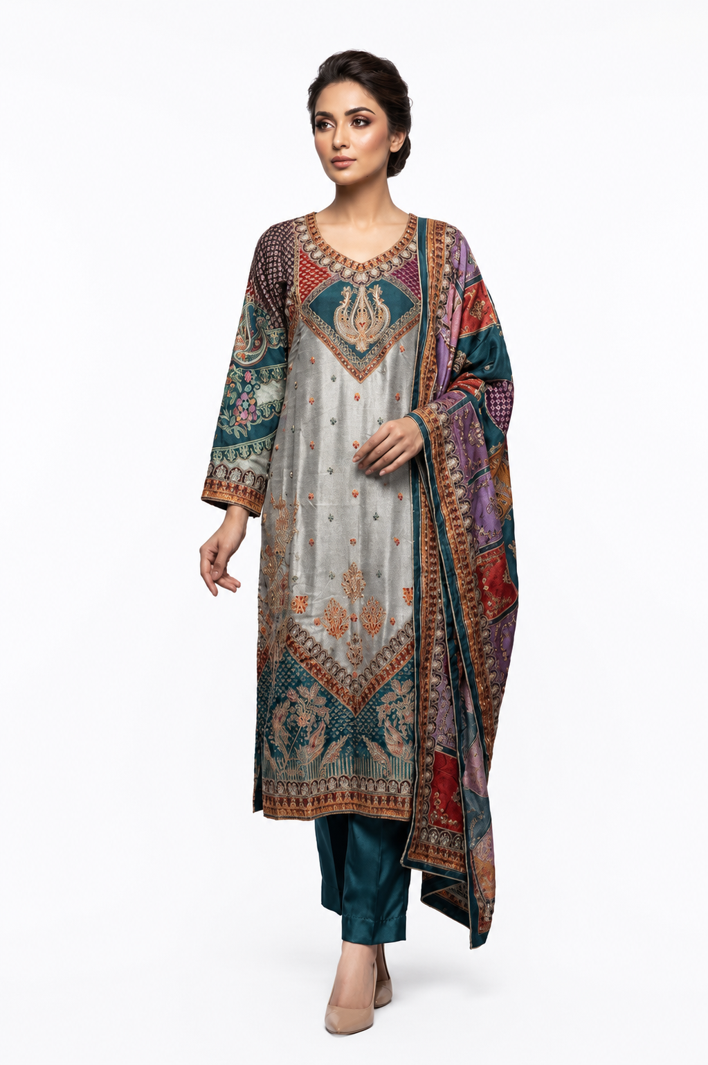 Teal Blue Crepe Printed & Embroidered Suit Set