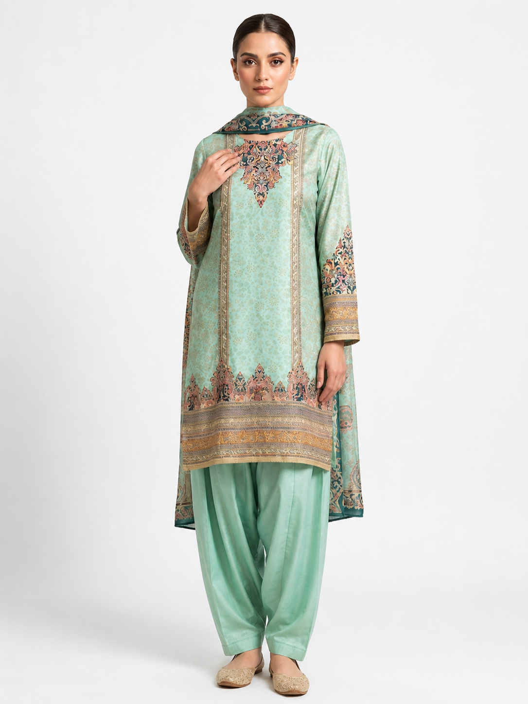 Green Crepe Printed & Embroidered Farsi Salwar Suit Set
