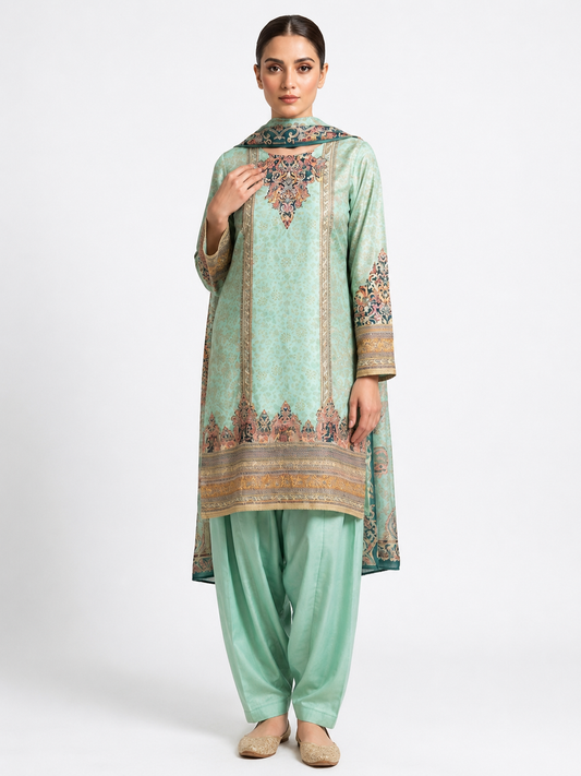 Green Crepe Printed & Embroidered Farsi Salwar Suit Set
