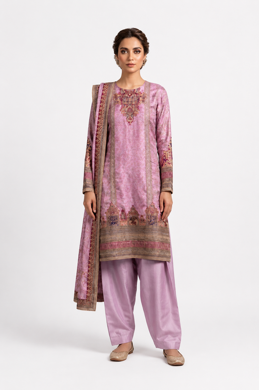 Purple Crepe Printed & Embroidery Farsi Salwar Suit Set