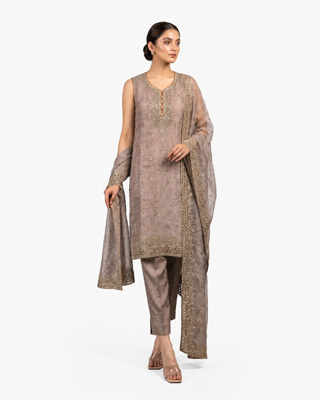Brown Organza Embroidered Suit Set with Swarovski Handwork