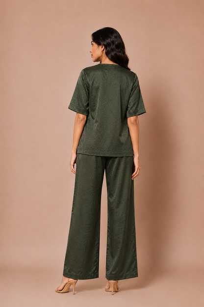 Olive Green Crushed Satin Co-ord Set