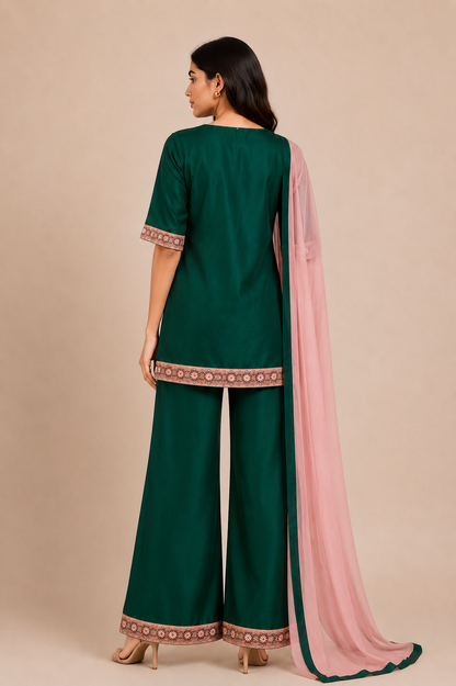 Emerald Silk Suit Set with Embroidered Border
