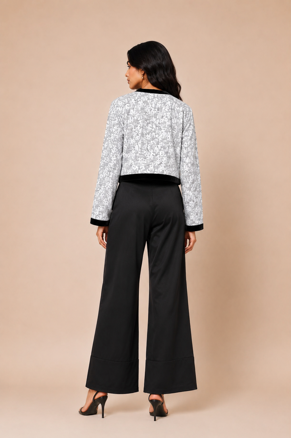 Black & White Printed Crepe Jacket Set