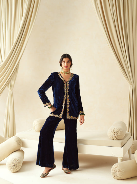 Dark Blue Embroidered Velvet Jacket Set