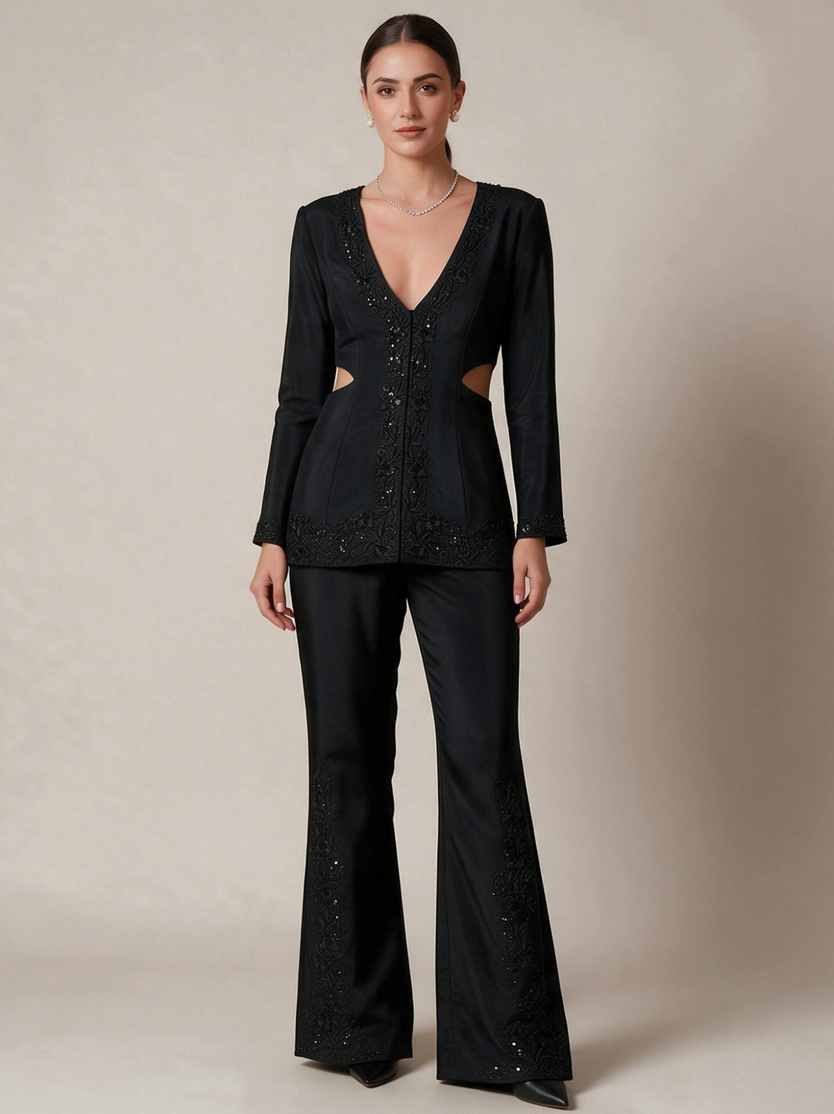 Black Tone on Tone Embroidered Jacket - Pant Set
