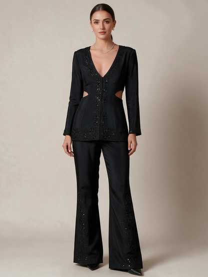 Black Tone on Tone Embroidered Jacket - Pant Set