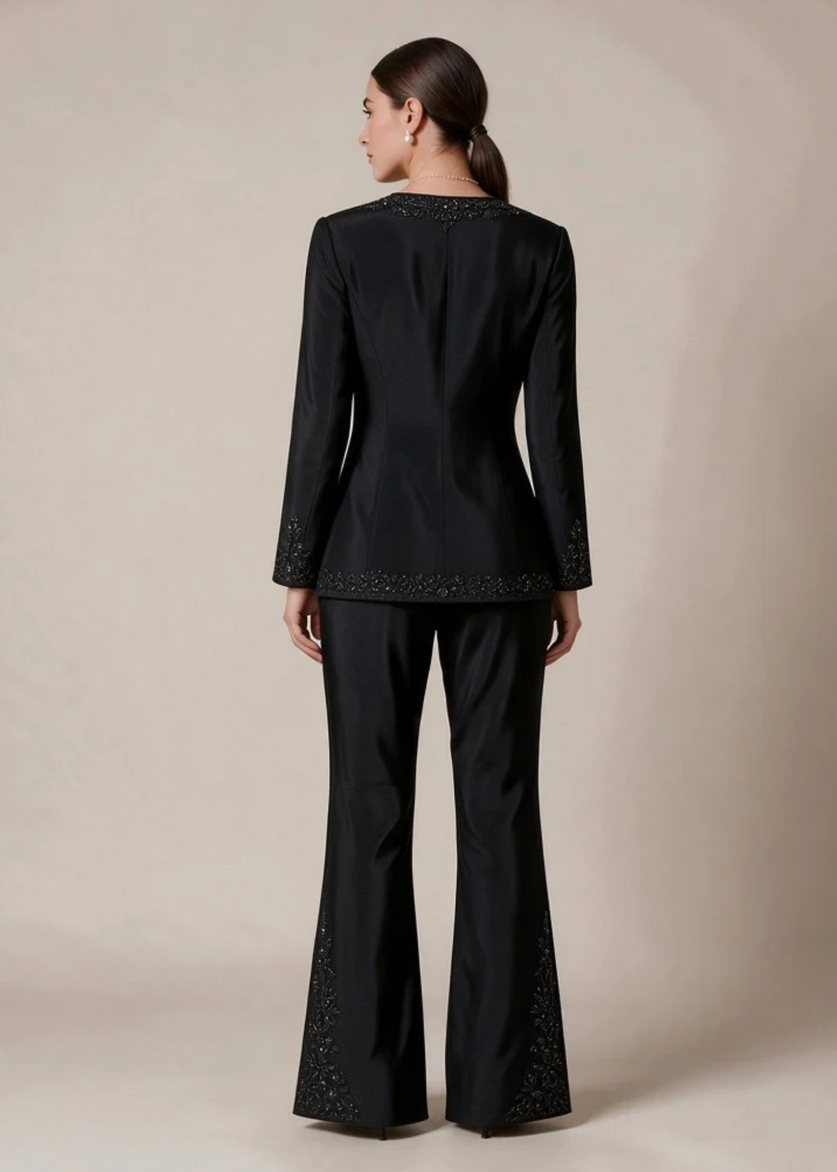 Black Tone on Tone Embroidered Jacket - Pant Set