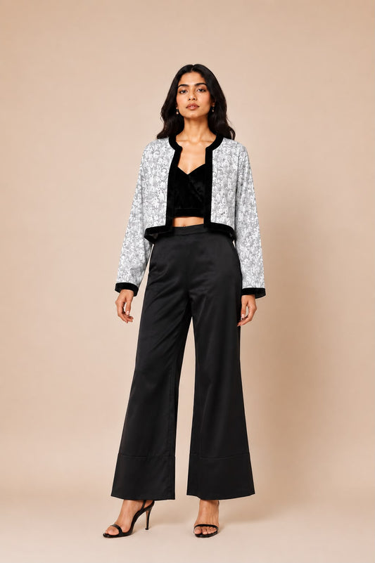 Black & White Printed Crepe Jacket Set
