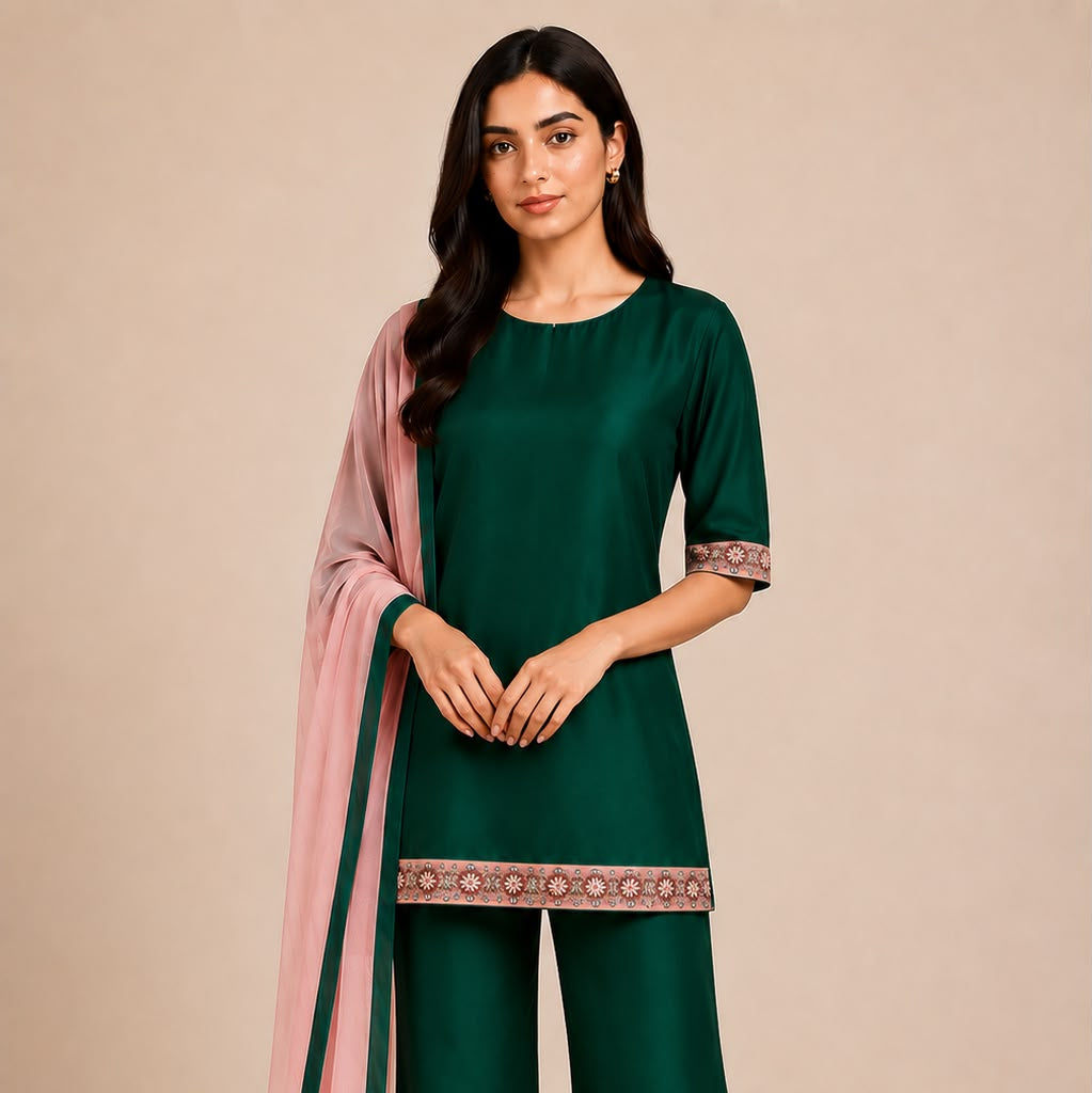 Emerald Silk Suit Set with Embroidered Border