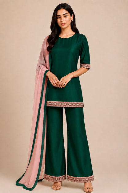 Emerald Silk Suit Set with Embroidered Border