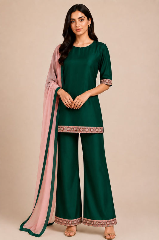 Emerald Silk Suit Set with Embroidered Border