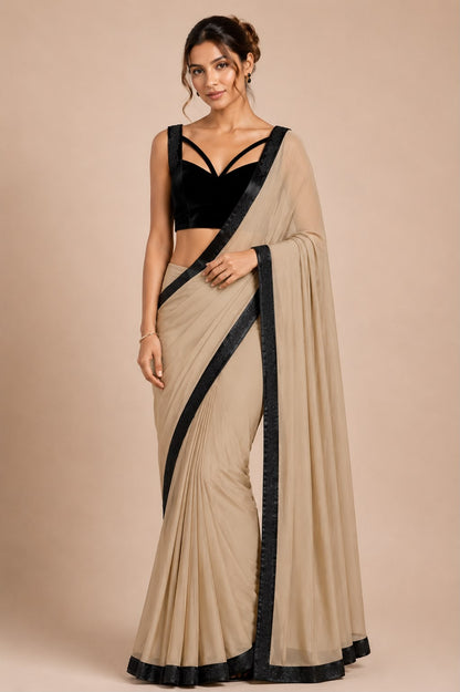 Beige Georgette Saree with Embroidered Border