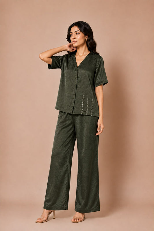 Olive Green Crushed Satin Co-ord Set