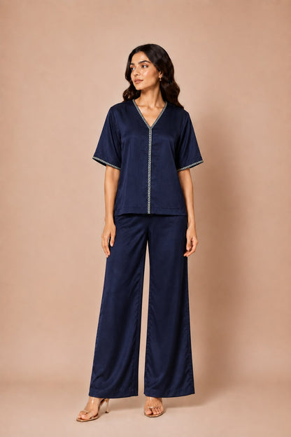 Midnight Blue Crushed Satin Co-ord Set