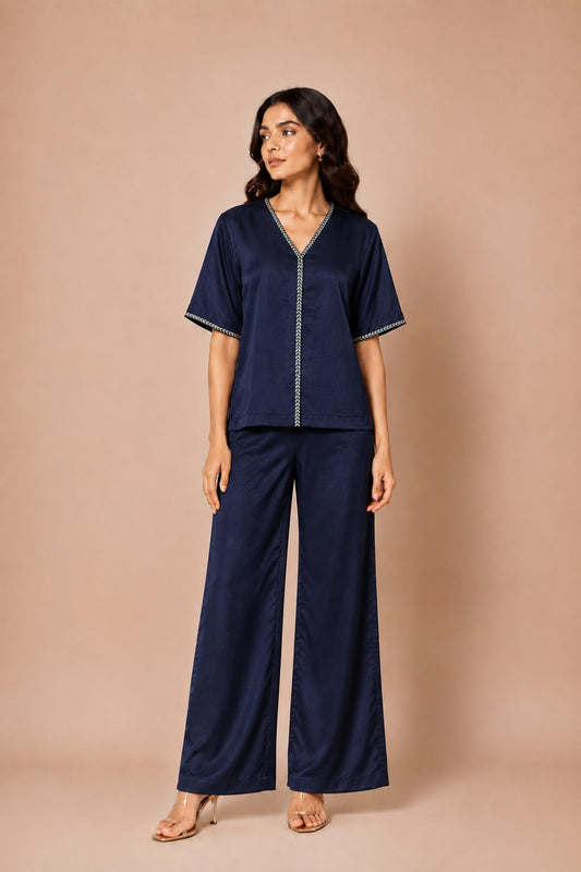 Midnight Blue Crushed Satin Co-ord Set