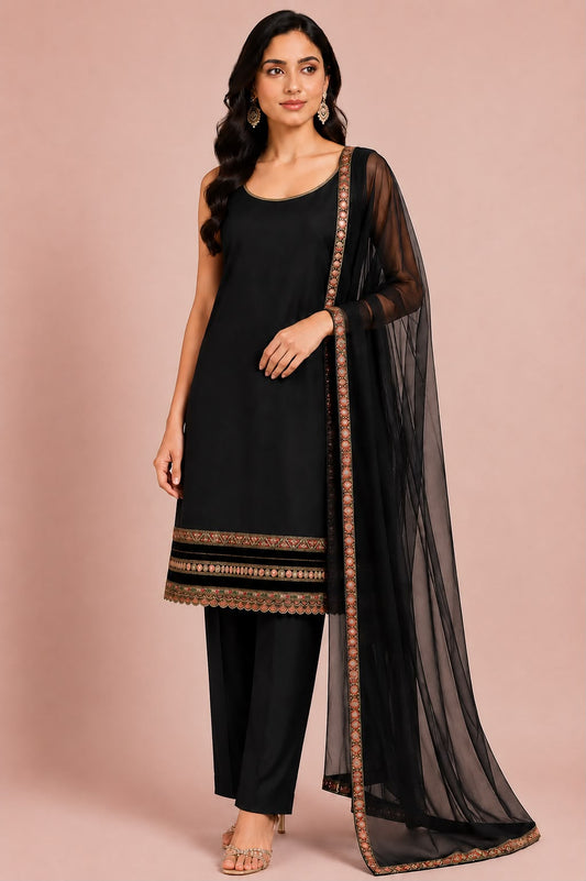 Black Silk Embroidered Suit Set