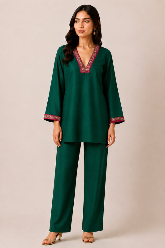 Emerald Green Silk Embroidered Co-ord Set