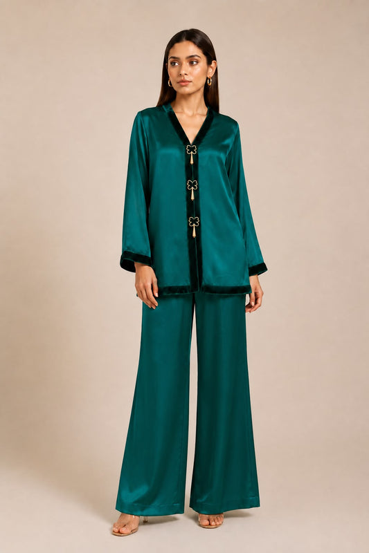 Green Satin Jacket-Pant Set with Velvet Border