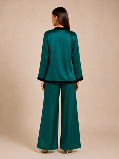 Green Satin Jacket-Pant Set with Velvet Border