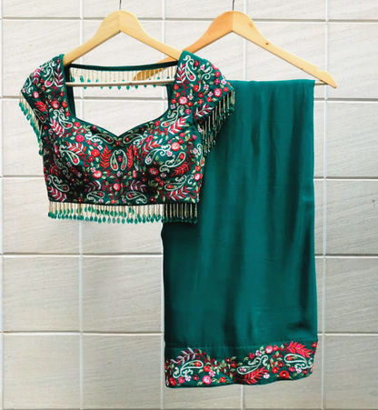 Green Chiffon Thread Embroidery Saree Set