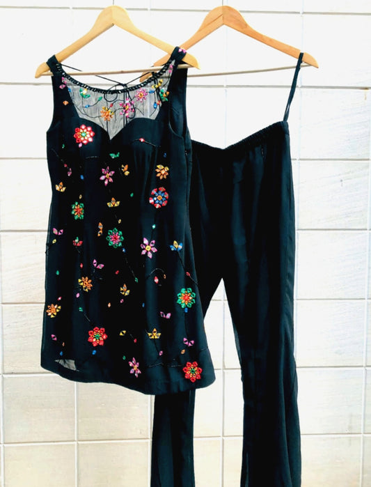 Black Georgette Mirror Work Sharara Set