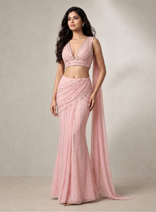 Pink Crepe Embellished Skirt Set