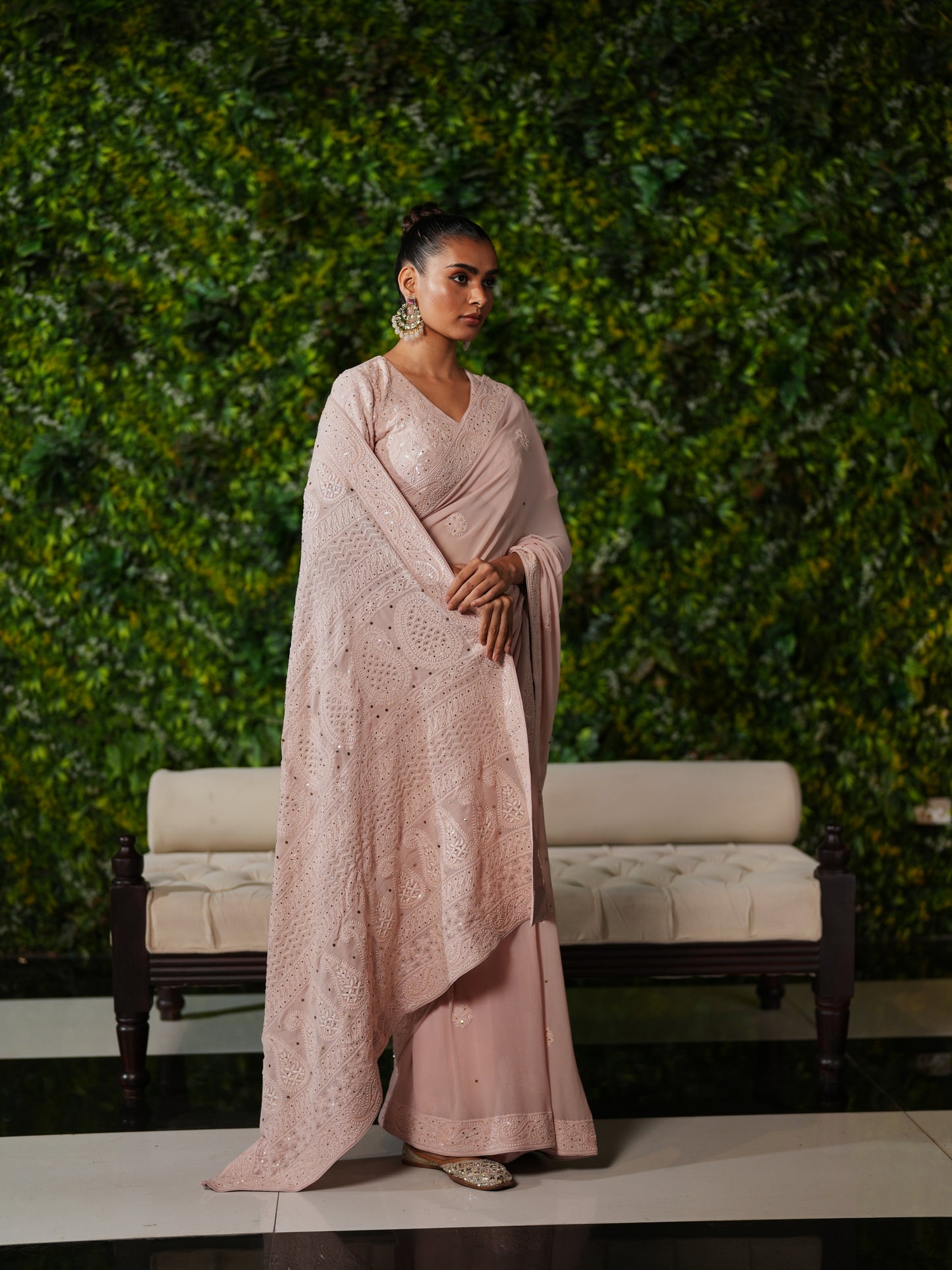 Blush Pink Chikankari Saree Set