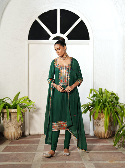 Dark Green Semi Silk Patra Work Suit Set