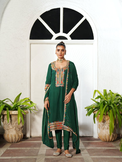 Dark Green Semi Silk Patra Work Suit Set