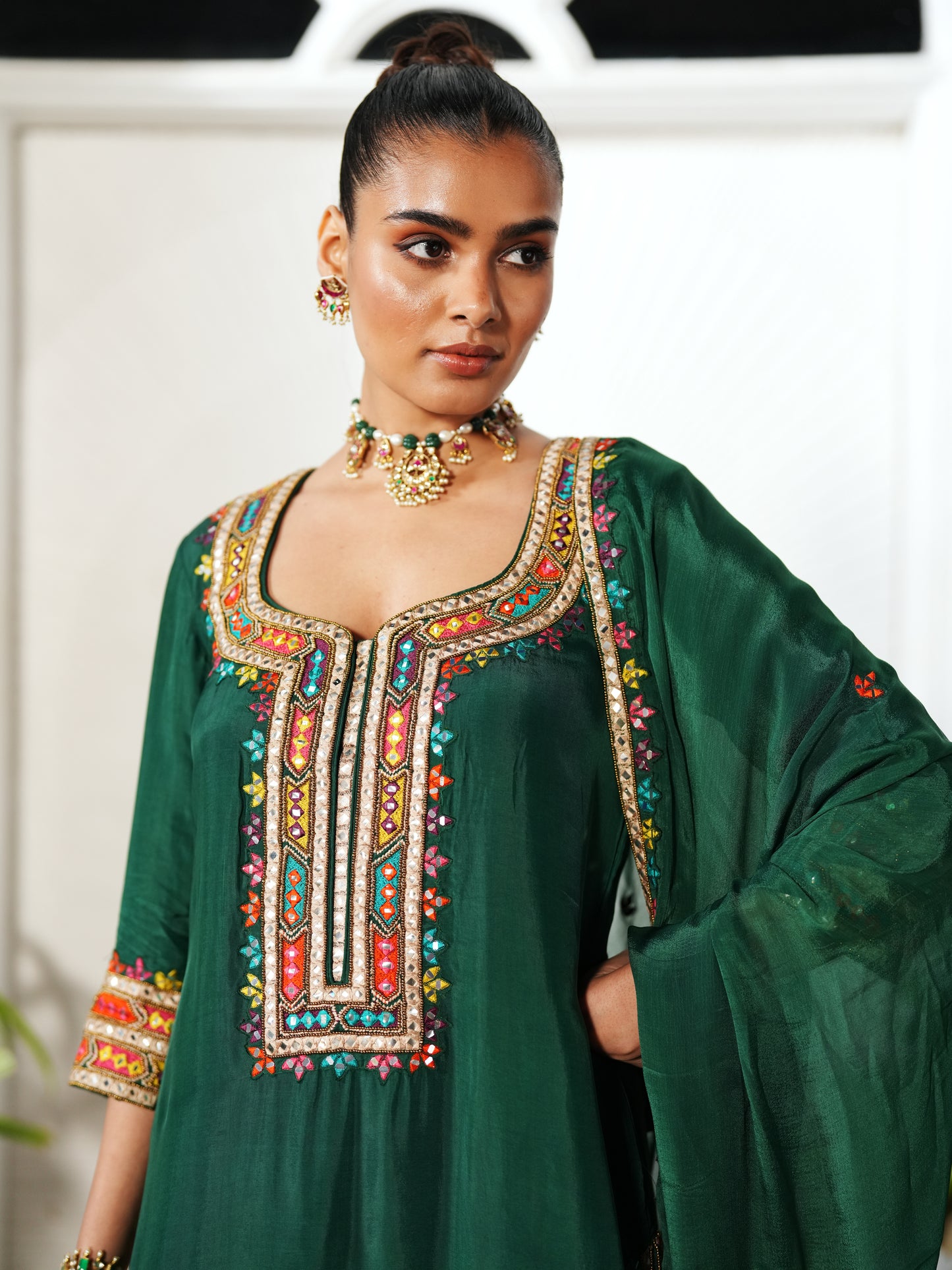 Dark Green Semi Silk Patra Work Suit Set