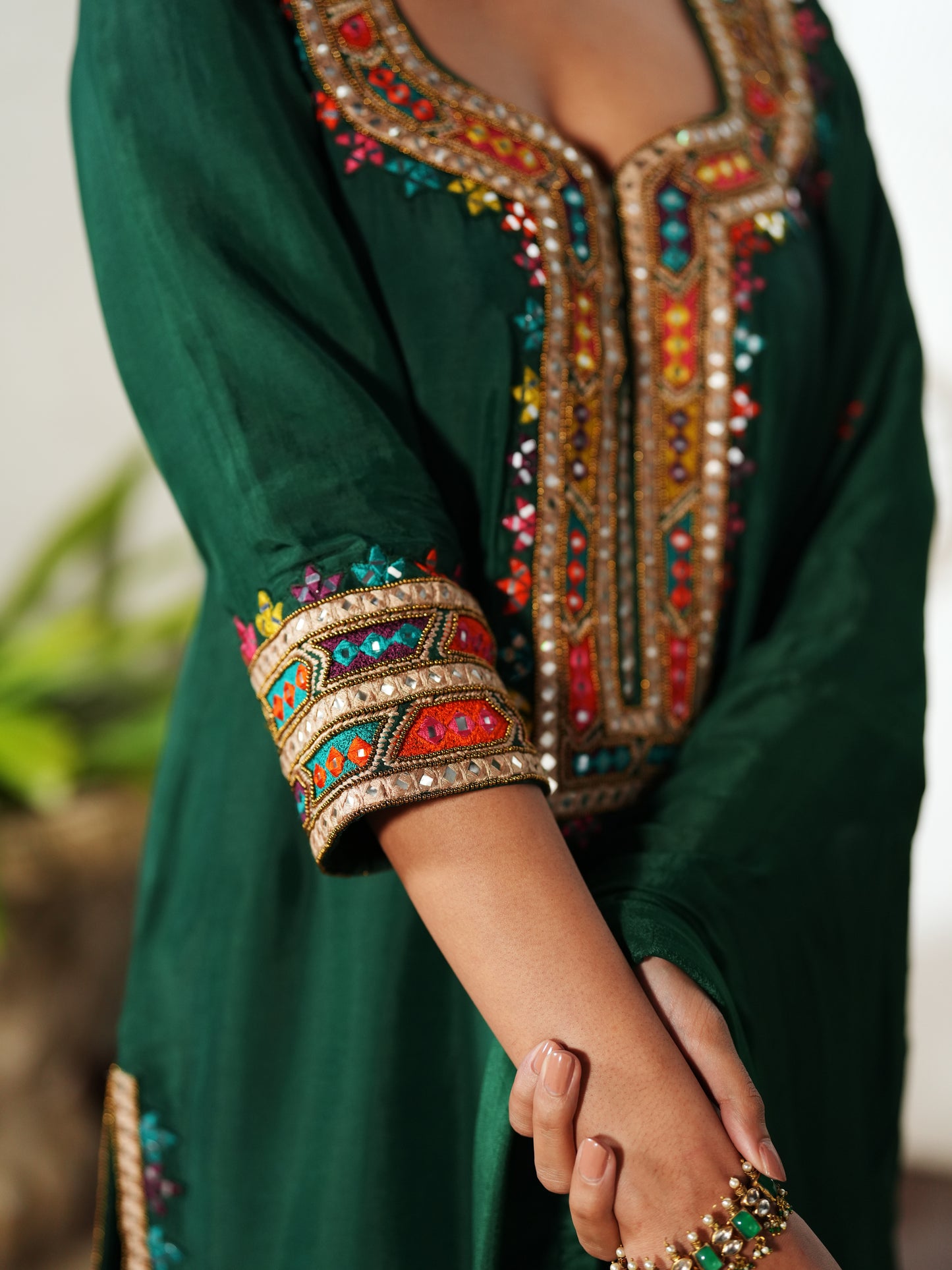 Dark Green Semi Silk Patra Work Suit Set