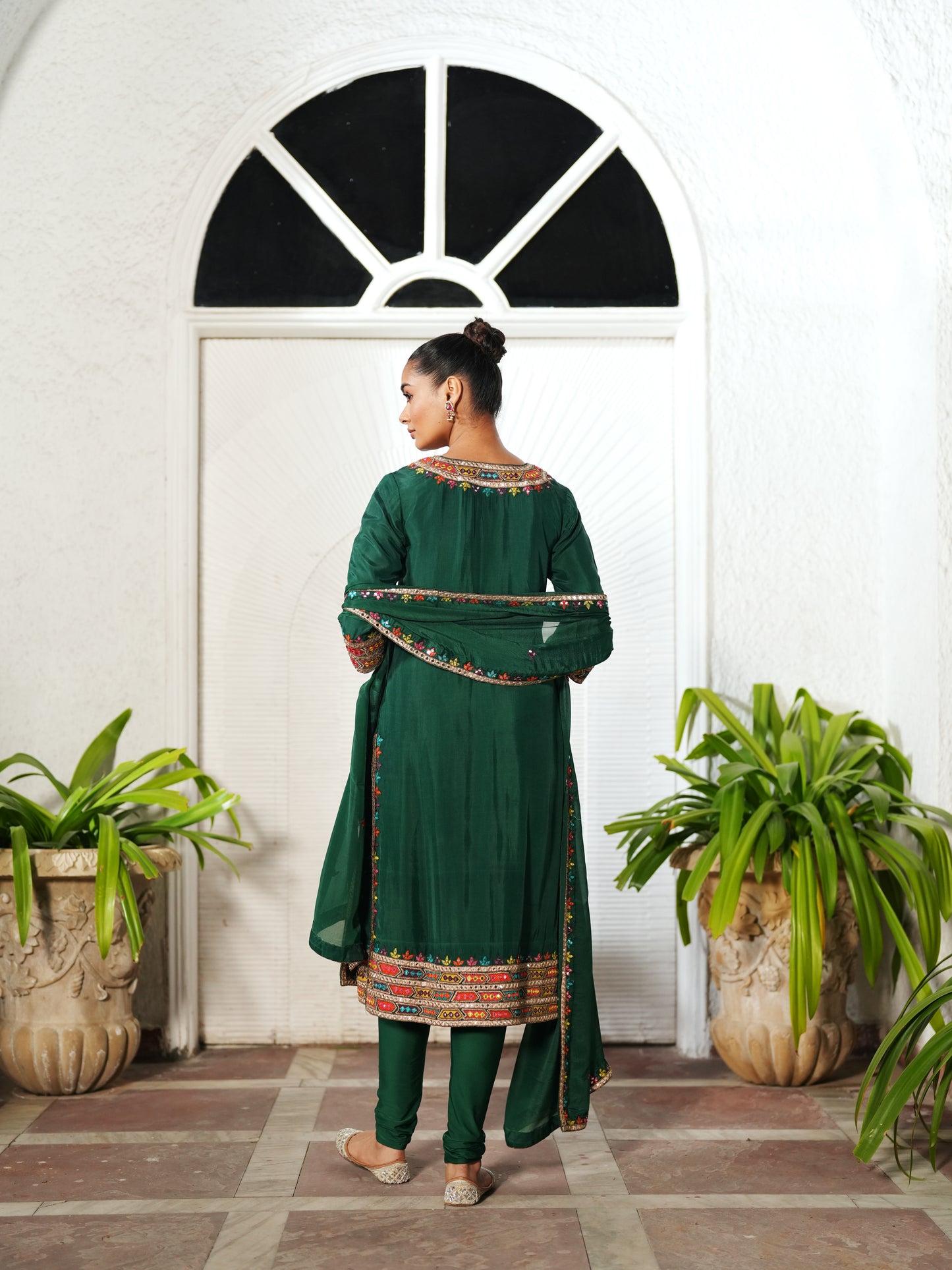 Dark Green Semi Silk Patra Work Suit Set